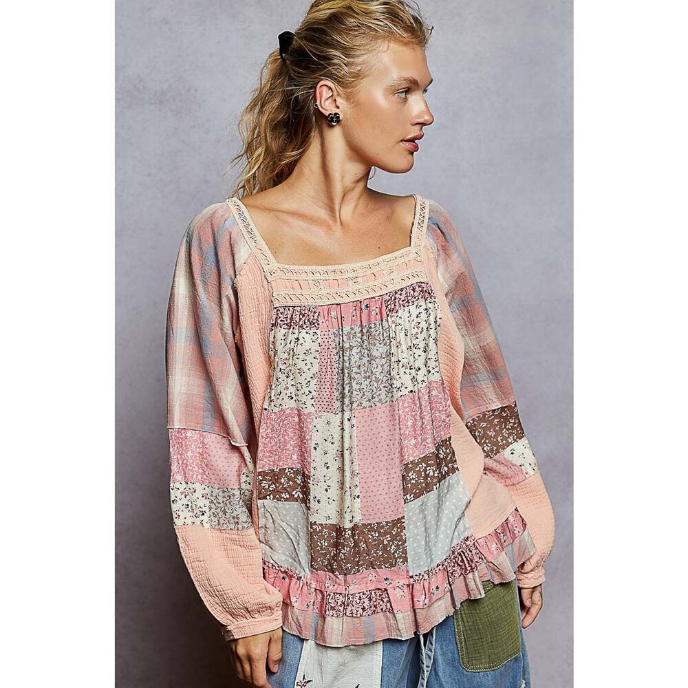 POL Patchwork Peasant Top in Pink and Cream